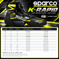 Thumbnail for A Sparco K-Rapid kart racing shoe size guide table with columns for EU size, US size, UK size, foot length in cm, and approximate length in inches, plus Sparco branding and FIA logos on a black, yellow, and gray background.