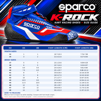 Thumbnail for Sparco K-Rock Kart Racing Shoes sizing chart featuring blue and red karting shoes, youth EU sizes 32 and 34, adult EU sizes 37–48, US and UK size conversions, and foot measurements in centimeters and inches.