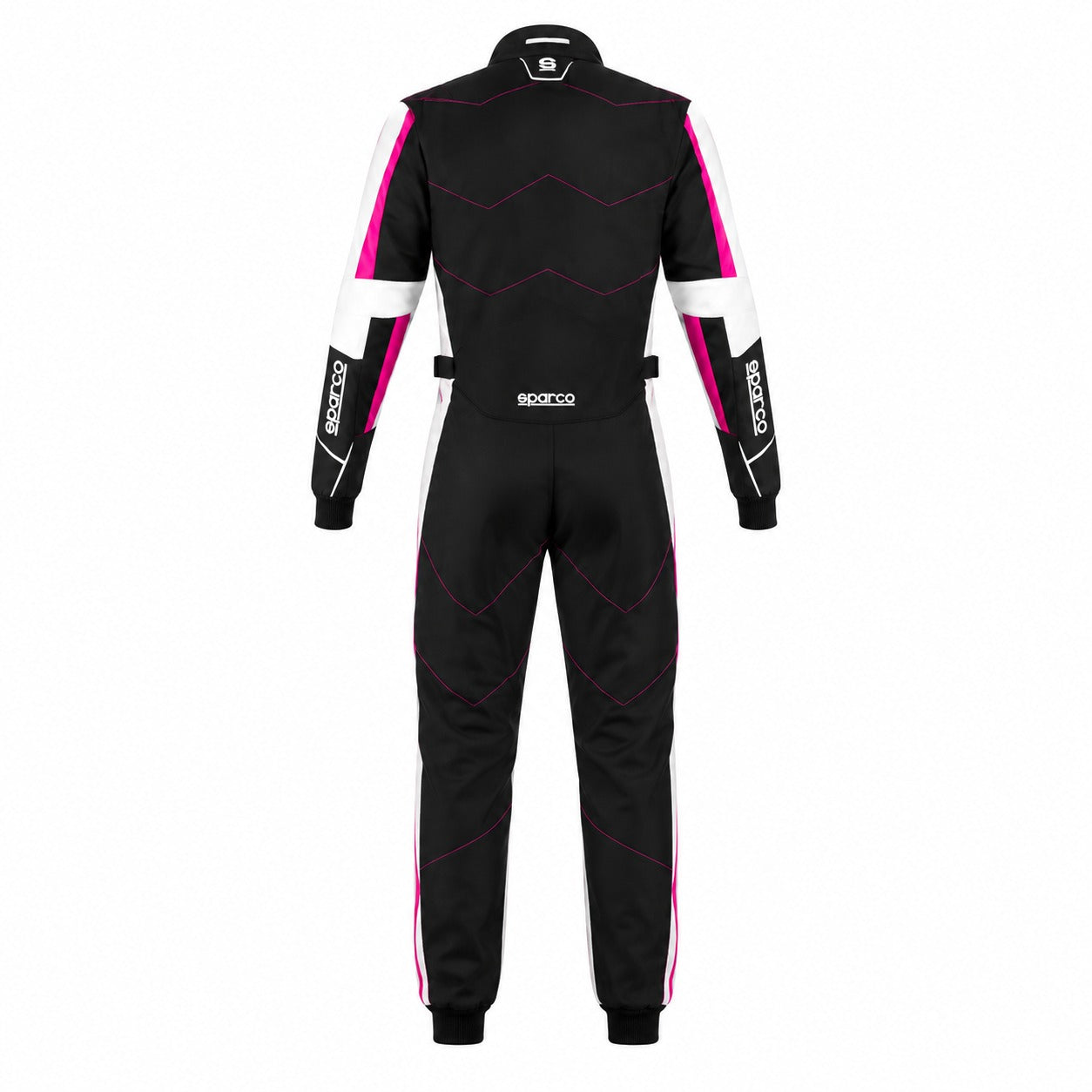 Rear view of the Sparco Kerb Advanced Lady women’s kart racing suit in black, pink, and white.