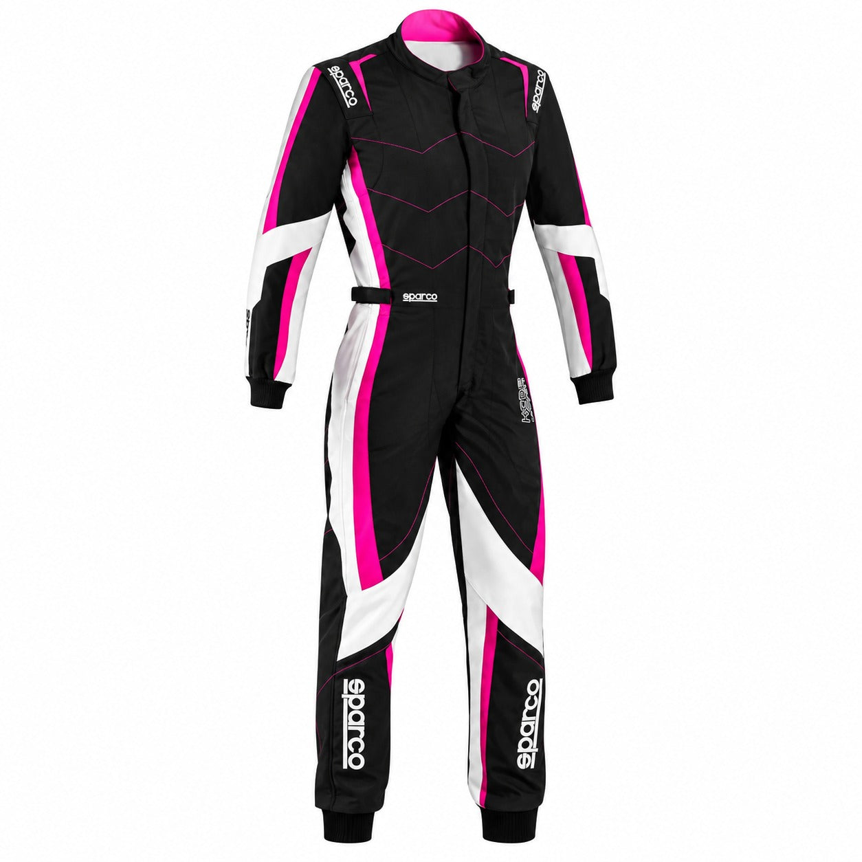 Sparco Kerb Advanced Lady women’s kart racing suit in black, pink, and white with FIA 8877-2022 Grade 1 approval.