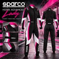 Thumbnail for Sparco Kerb Advanced Lady women’s kart racing suit hero image showing front, rear, collar, waist, and cuff details in black, pink, and white.