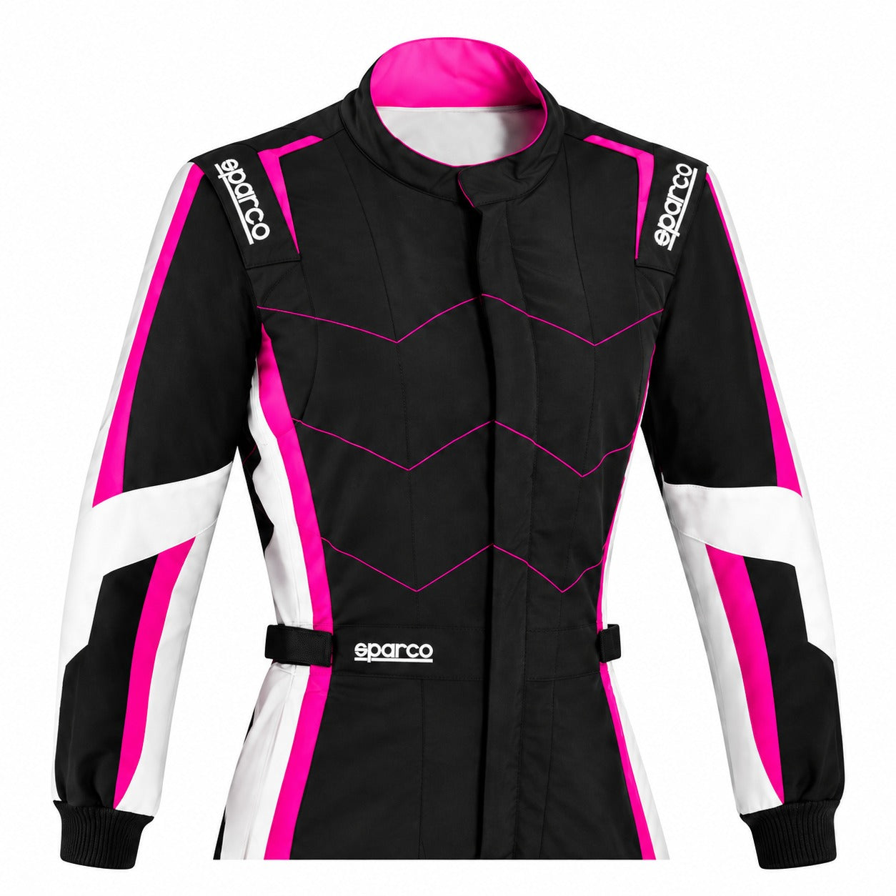 Sparco Kerb Advanced Lady women’s kart racing suit upper-body detail showing black, pink, and white design with Sparco shoulder branding.
