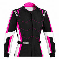 Thumbnail for Sparco Kerb Advanced Lady women’s kart racing suit upper-body detail showing black, pink, and white design with Sparco shoulder branding.