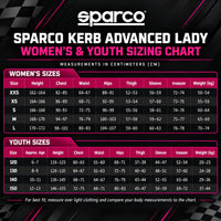 Thumbnail for Sparco Kerb Advanced Lady women’s and youth kart racing suit sizing chart with measurements for youth sizes 120–150 and women’s sizes XXS–L.