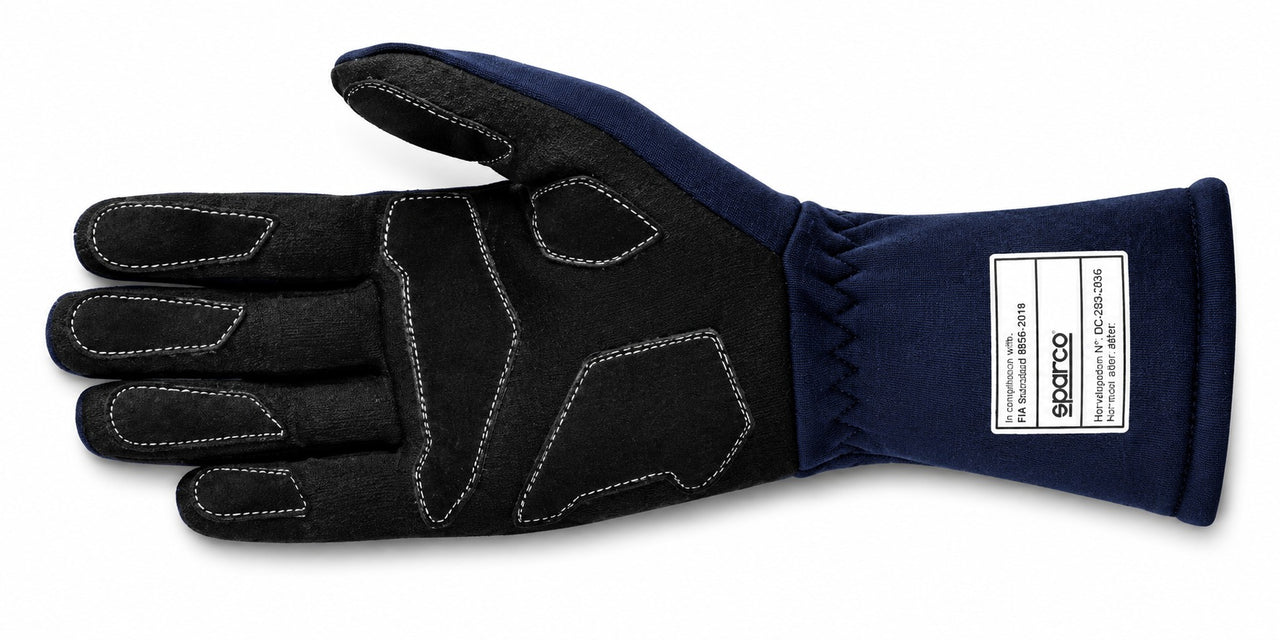 Sparco Land Classic navy Nomex racing glove showing the reinforced suede palm on a white background