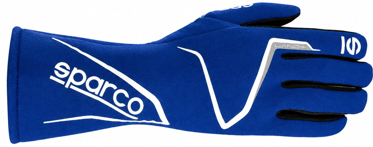 Sparco Land+ blue racing glove facing right on a white background