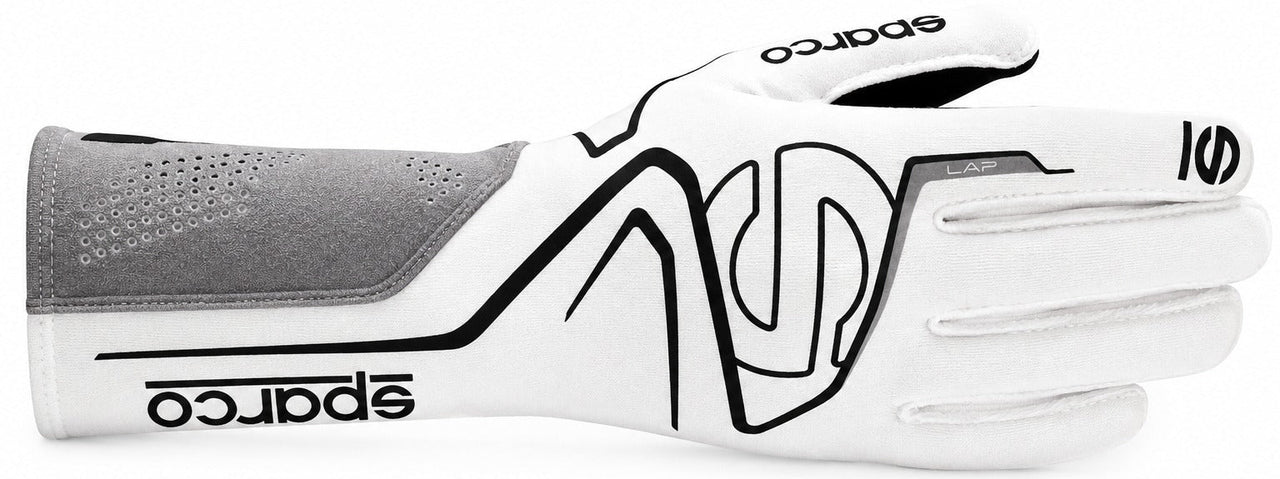 Sparco Lap white and black Nomex racing glove facing right on a white background