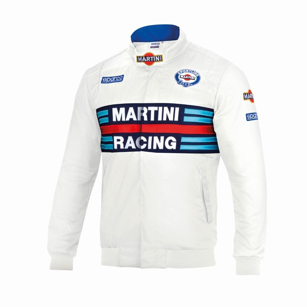 Front view of Sparco Martini Bomber Jacket in White with Martini Racing stripes and sponsor patches