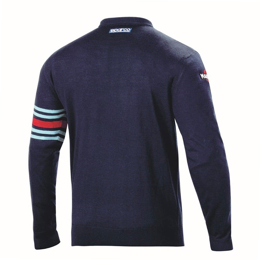 Navy long-sleeve shirt with brand logos on sleeves against a white background