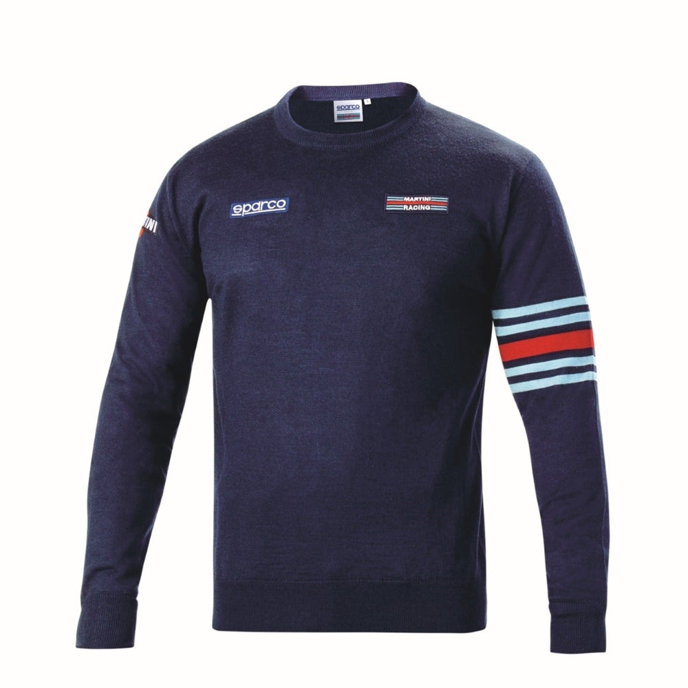 Sparco Martini Racing Crewneck Sweater front view, white background, showing chest logos and tri-stripe sleeve detail