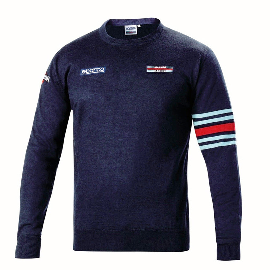 Navy blue sweater with brand logos on a white background