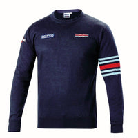 Thumbnail for Navy blue sweater with brand logos on a white background