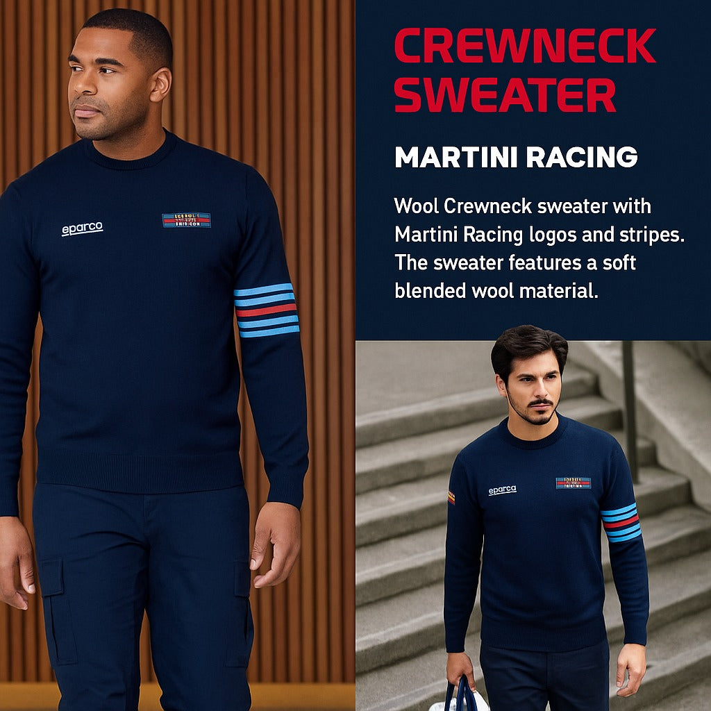 Sparco Martini Racing Crewneck Sweater hero image with two models, indoor and outdoor lifestyle views, showing logos and tri-stripe sleeve detail

