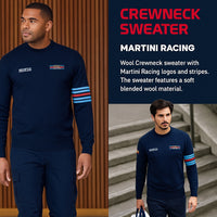 Thumbnail for Sparco Martini Racing Crewneck Sweater hero image with two models, indoor and outdoor lifestyle views, showing logos and tri-stripe sleeve detail

