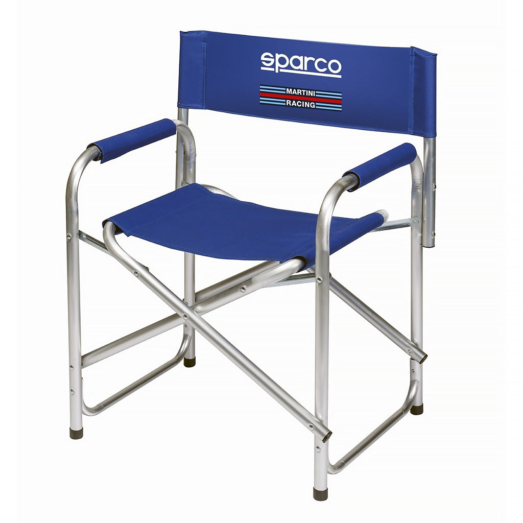 Blue director's chair with Sparco & Martini Racing logos on a navy blue background