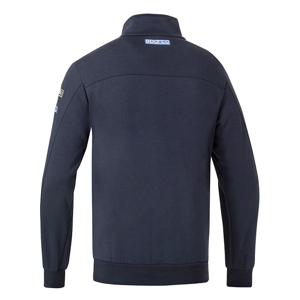 Navy blue jacket with brand logo on the back against a white background