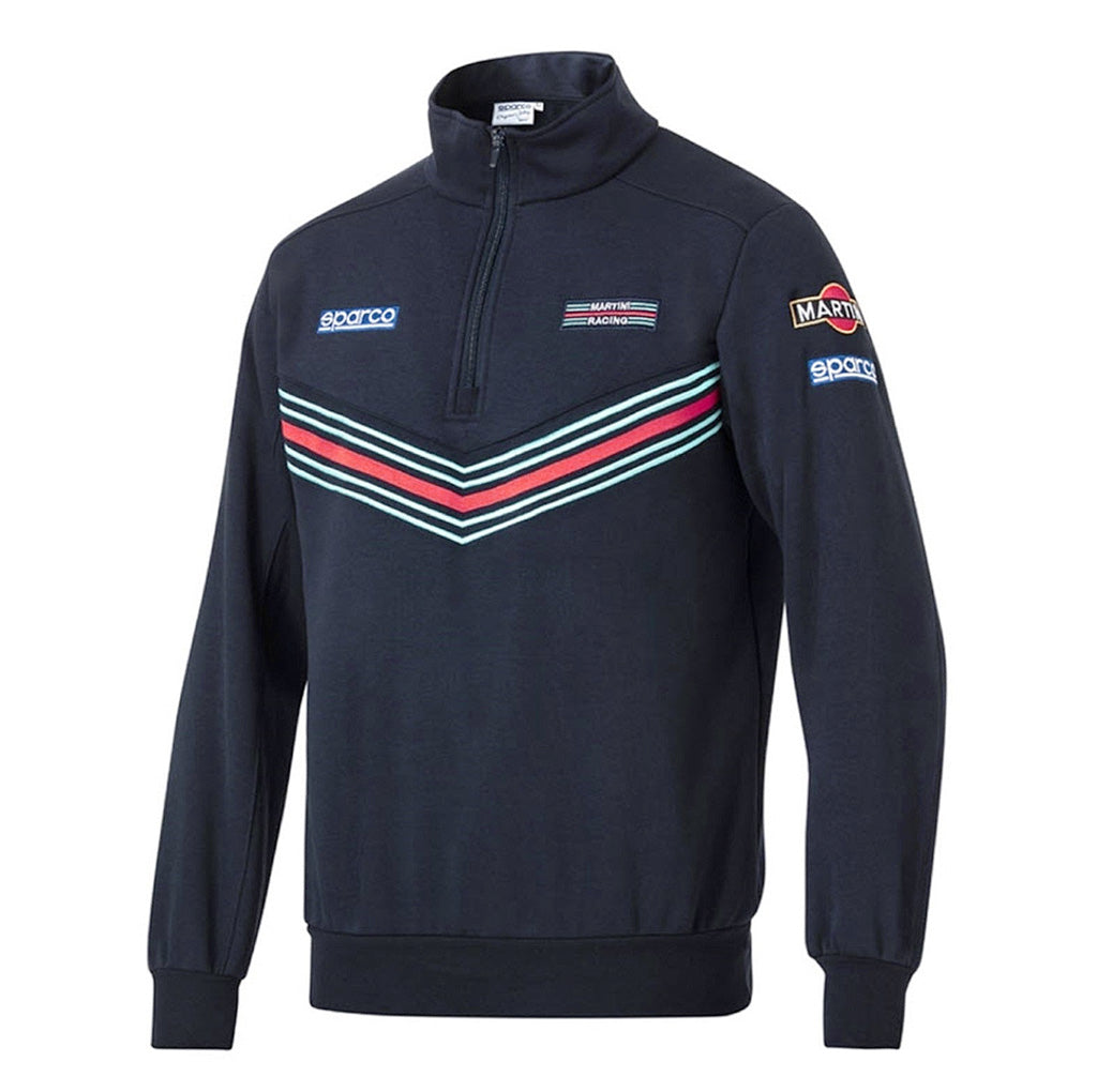 Navy blue sweatshirt with red and green chevron pattern on a white background
