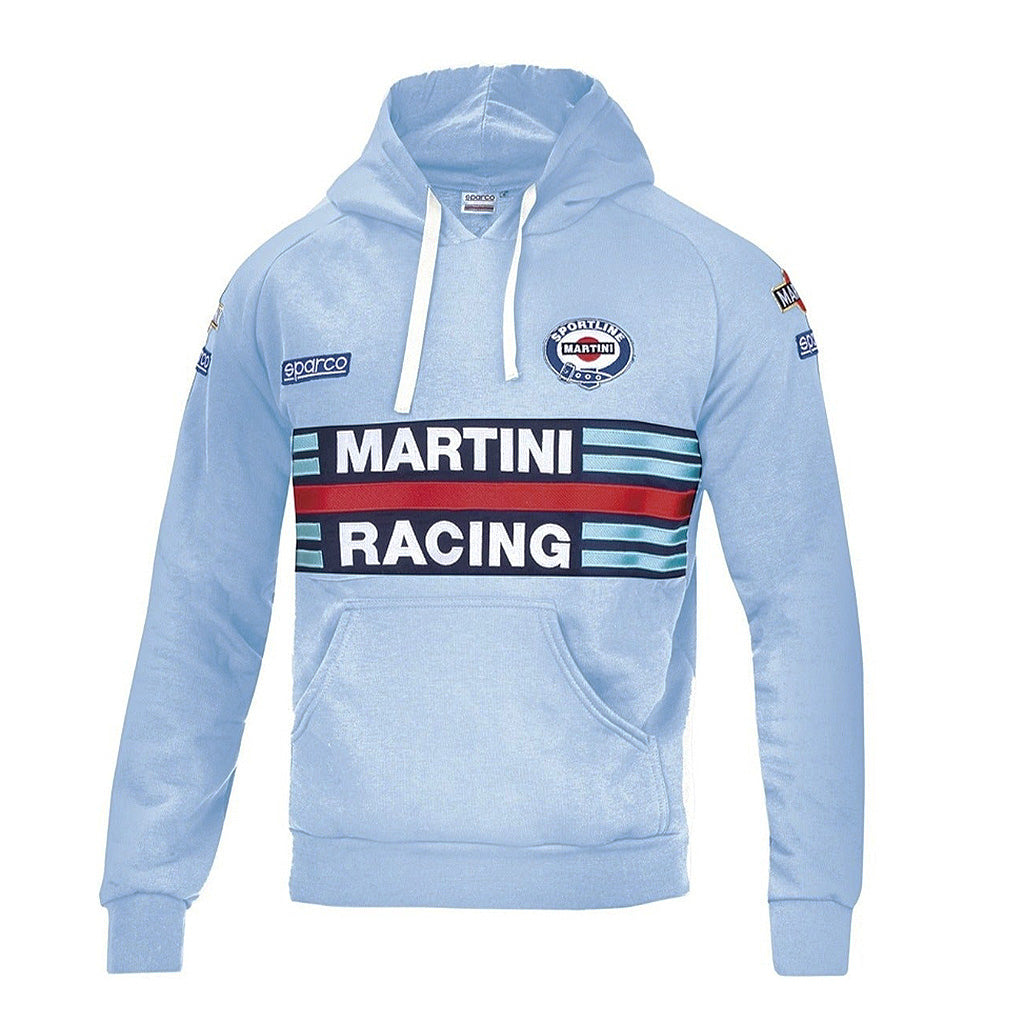 Light blue hoodie with Martini Racing logo and branding on a white background