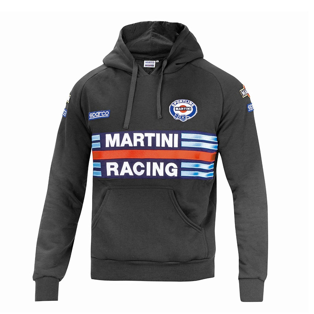 Dark gray hoodie with Martini Racing logo and stripes on a white background