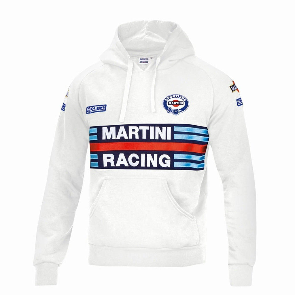 White hoodie with Martini Racing logo on a white background