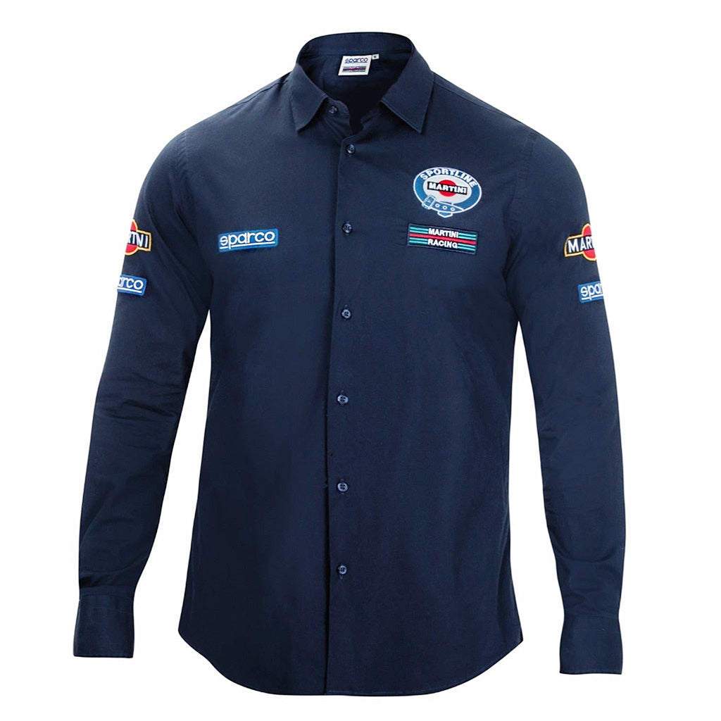 Navy blue shirt with sponsor logos on a white background