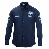 Thumbnail for Navy blue shirt with sponsor logos on a white background