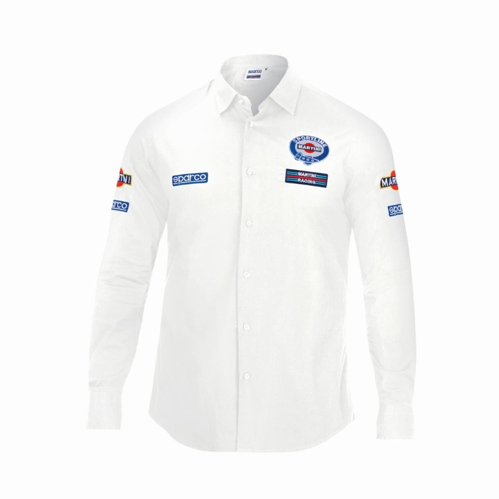Front view of Sparco Martini Long Sleeve Shirt in white with embroidered Sparco and Martini Racing logos on chest and sleeves-image

