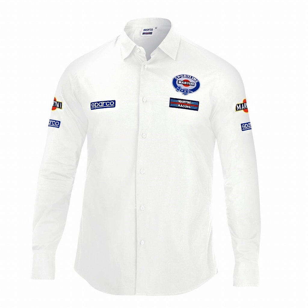 White shirt with sponsor logos on sleeves and chest against a white background