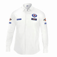 Thumbnail for White shirt with sponsor logos on sleeves and chest against a white background