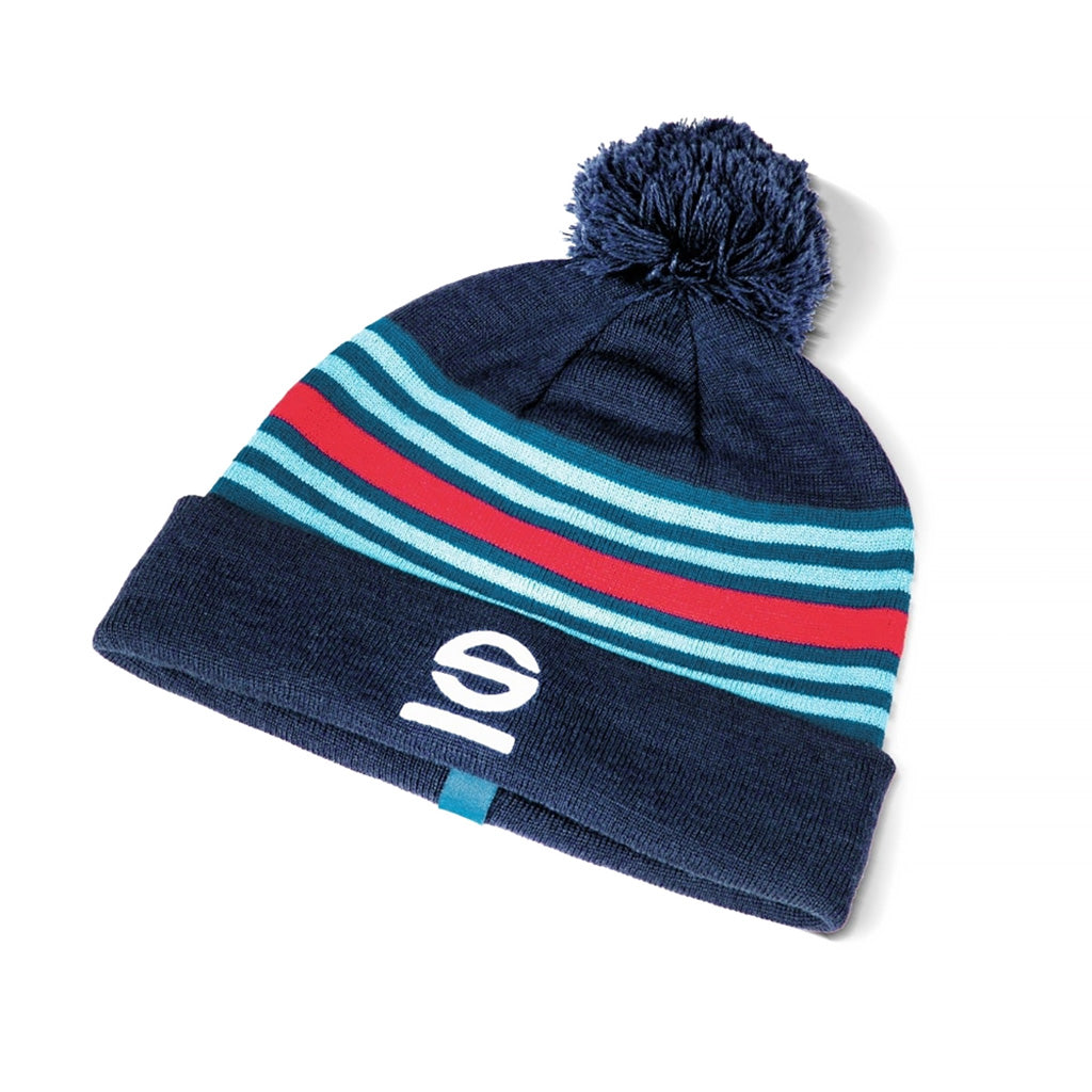 Navy beanie with red and blue stripes and a pom-pom on a white background