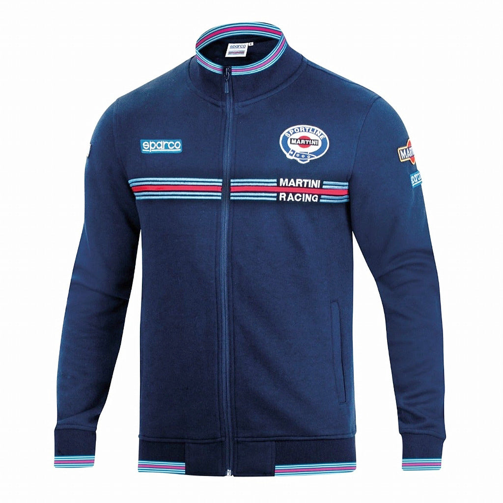 Blue jacket with racing-themed branding on a white background