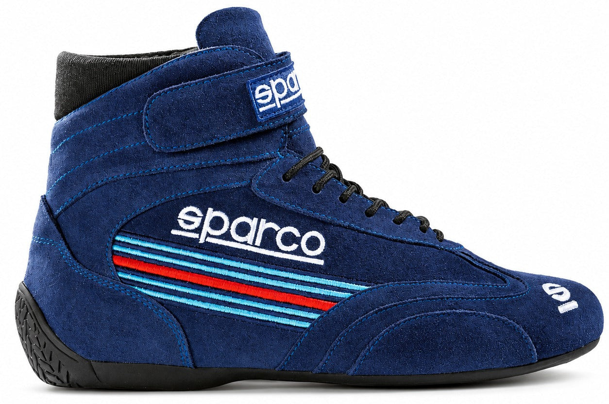 Sparco Martini Racing Top Shoe in blue suede, single right-facing racing shoe with Martini stripe embroidery, ankle strap, black laces, and Sparco branding.