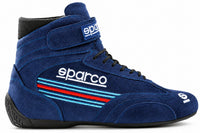 Thumbnail for Sparco Martini Racing Top Shoe in blue suede, single right-facing racing shoe with Martini stripe embroidery, ankle strap, black laces, and Sparco branding.