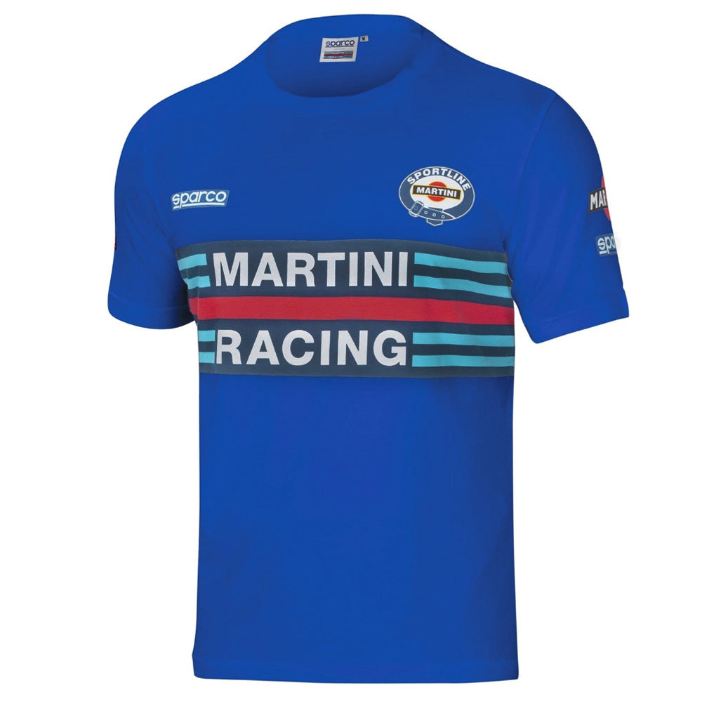 Blue t-shirt with Martini Racing logo and branding on a white background
