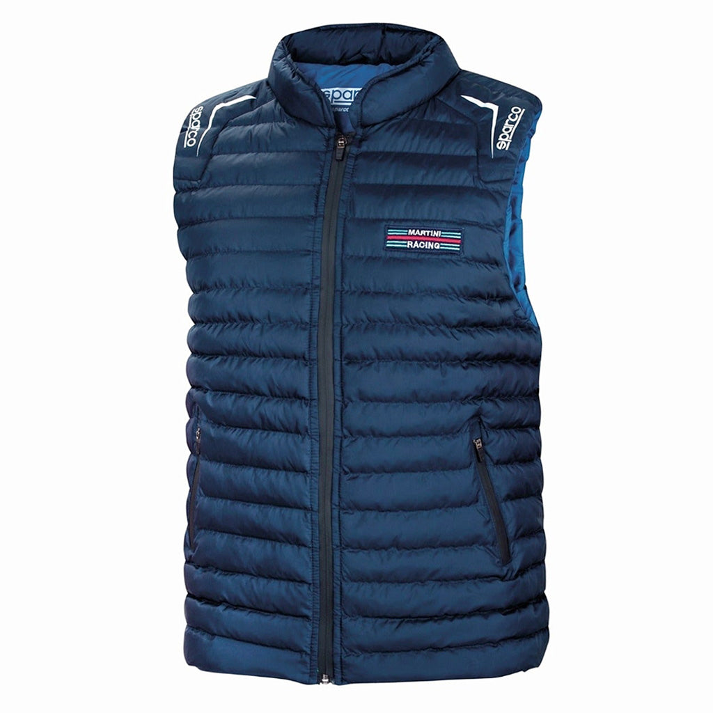 Blue puffer vest with visible branding on a white background
