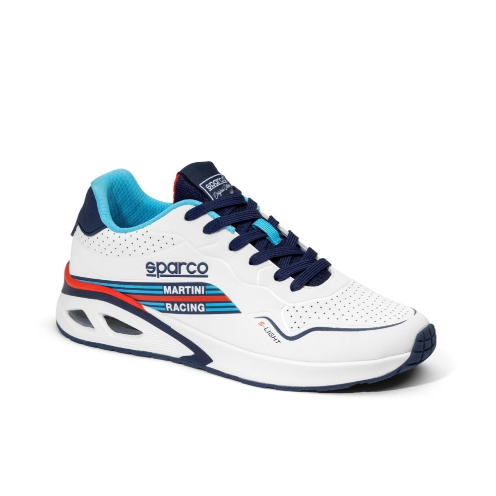 Front angled view of Sparco Martini S-Light driving sneaker in white