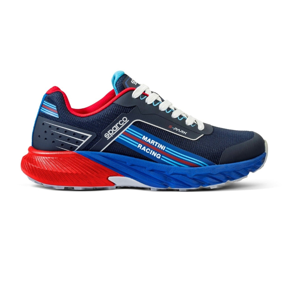 Sparco Martini S-Park Shoe – Side profile with Martini Racing stripes and red/blue sole

