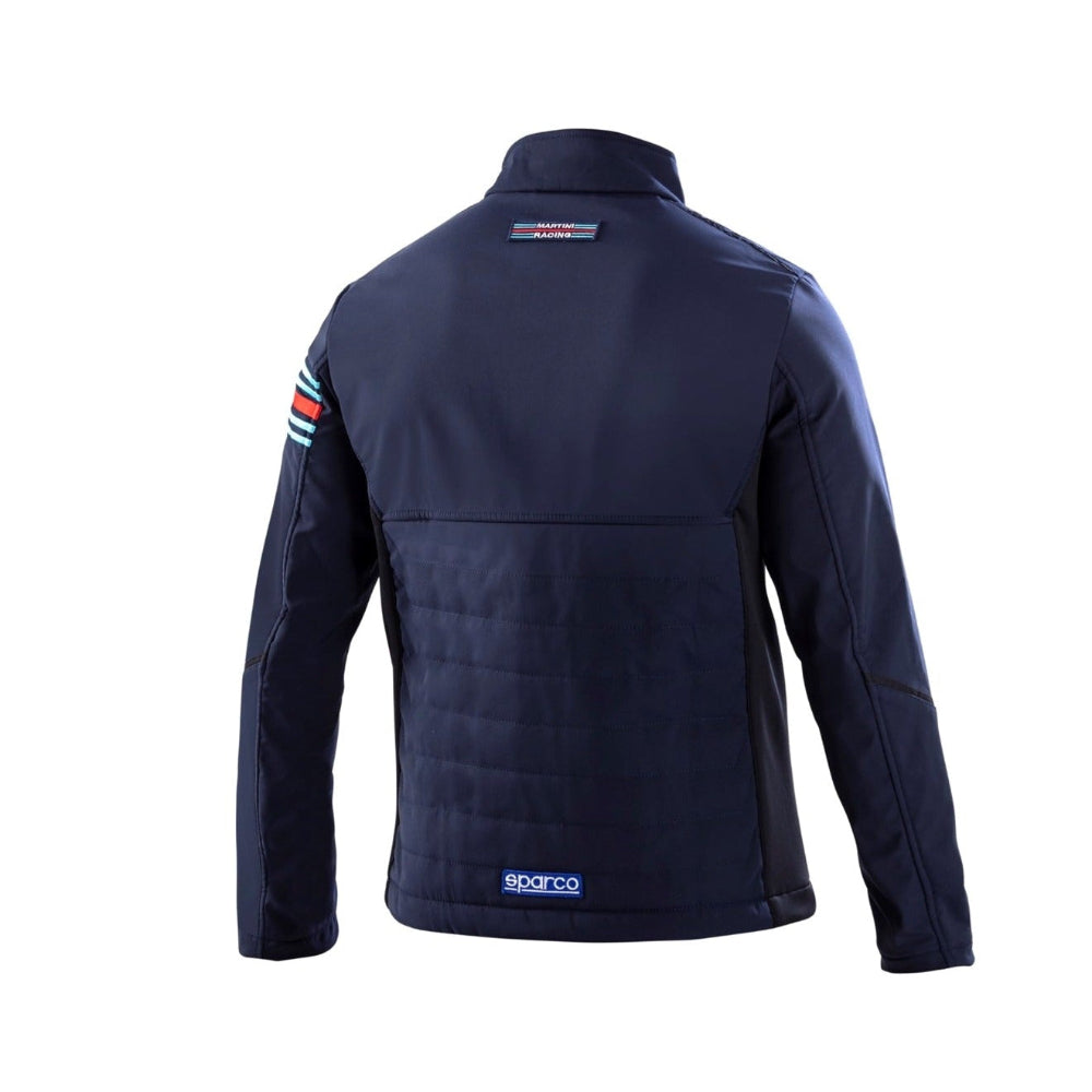 Sparco Martini Soft Shell Jacket rear view in white and navy with embroidered Martini Racing logo –Image