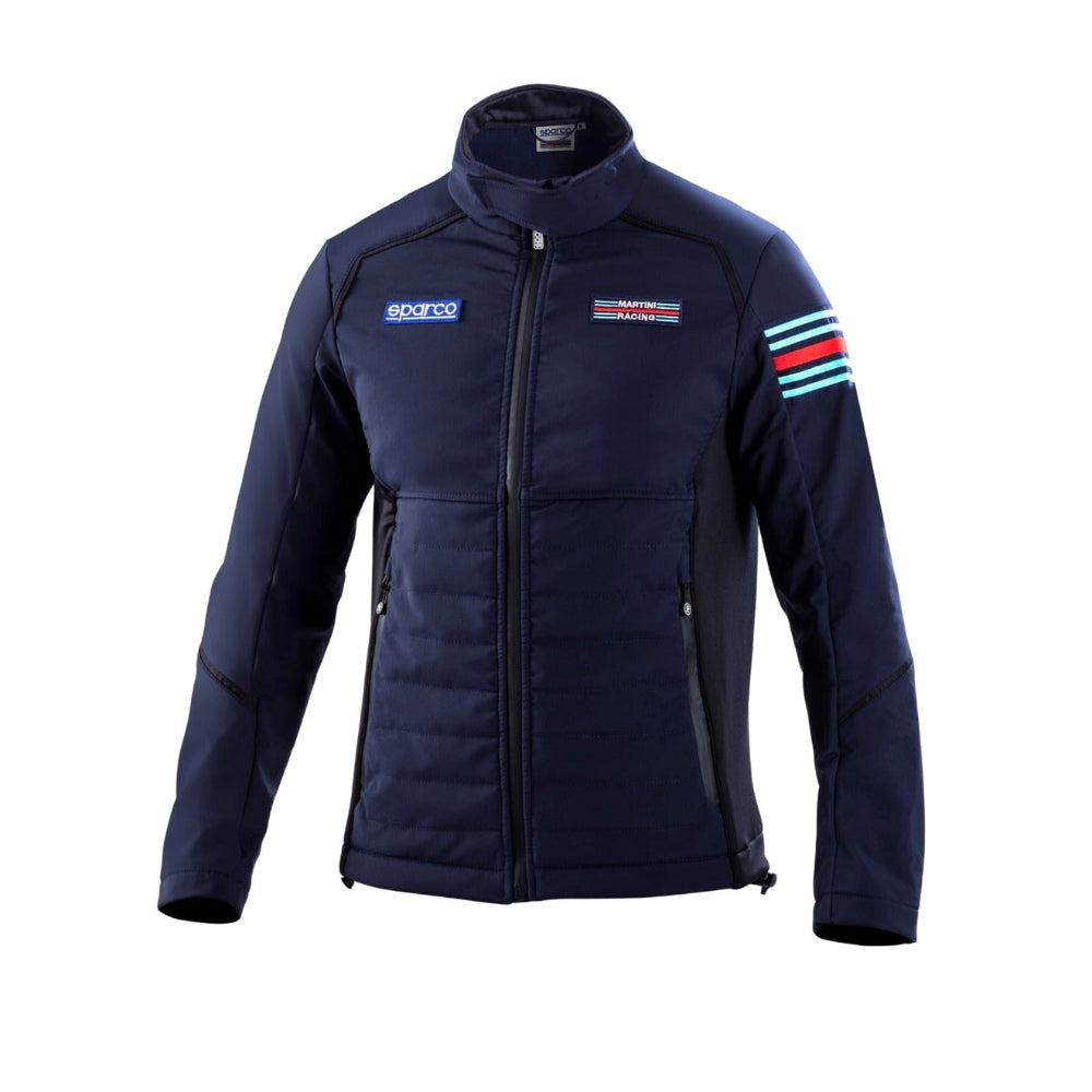 Sparco Martini Soft Shell Jacket front view in navy with embroidered Martini Racing stripes on sleeve –Image