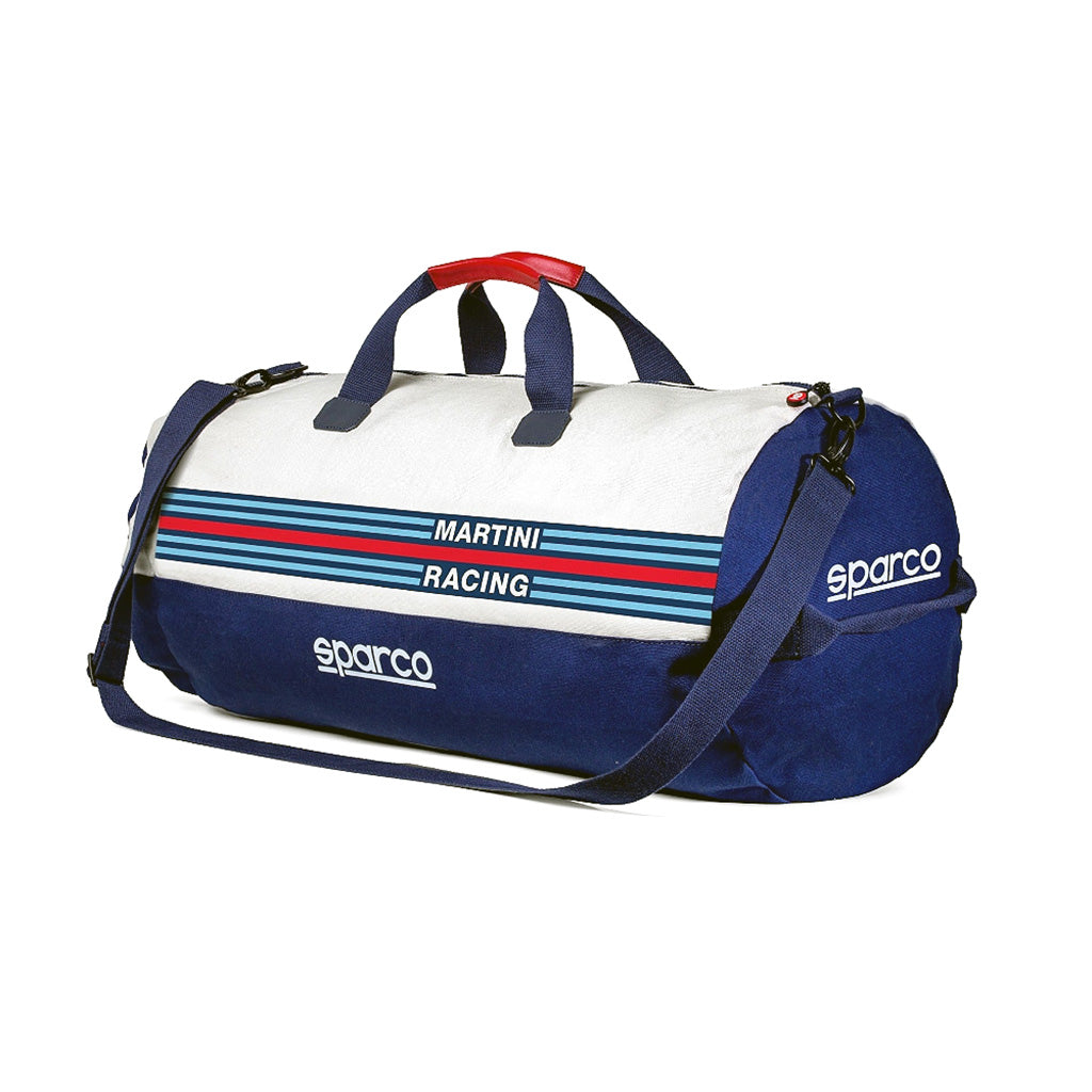 Blue and white duffel bag with 'Sparco' and 'Martini Racing' branding on a white background