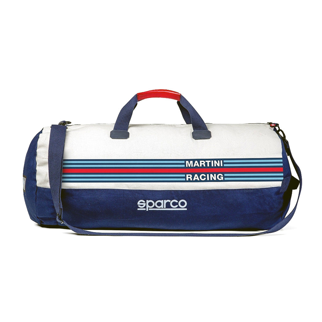 Sparco Martini Racing duffel bag with blue and red accents on a white background