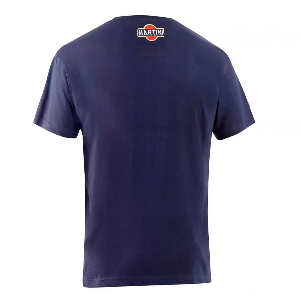 Navy blue t-shirt with a logo on the back against a white background