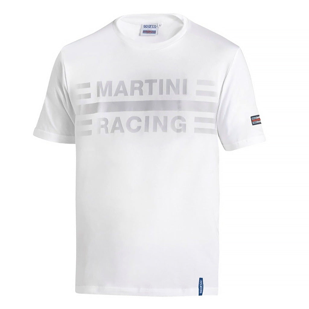 White t-shirt with 'Martini Racing' text on a white background