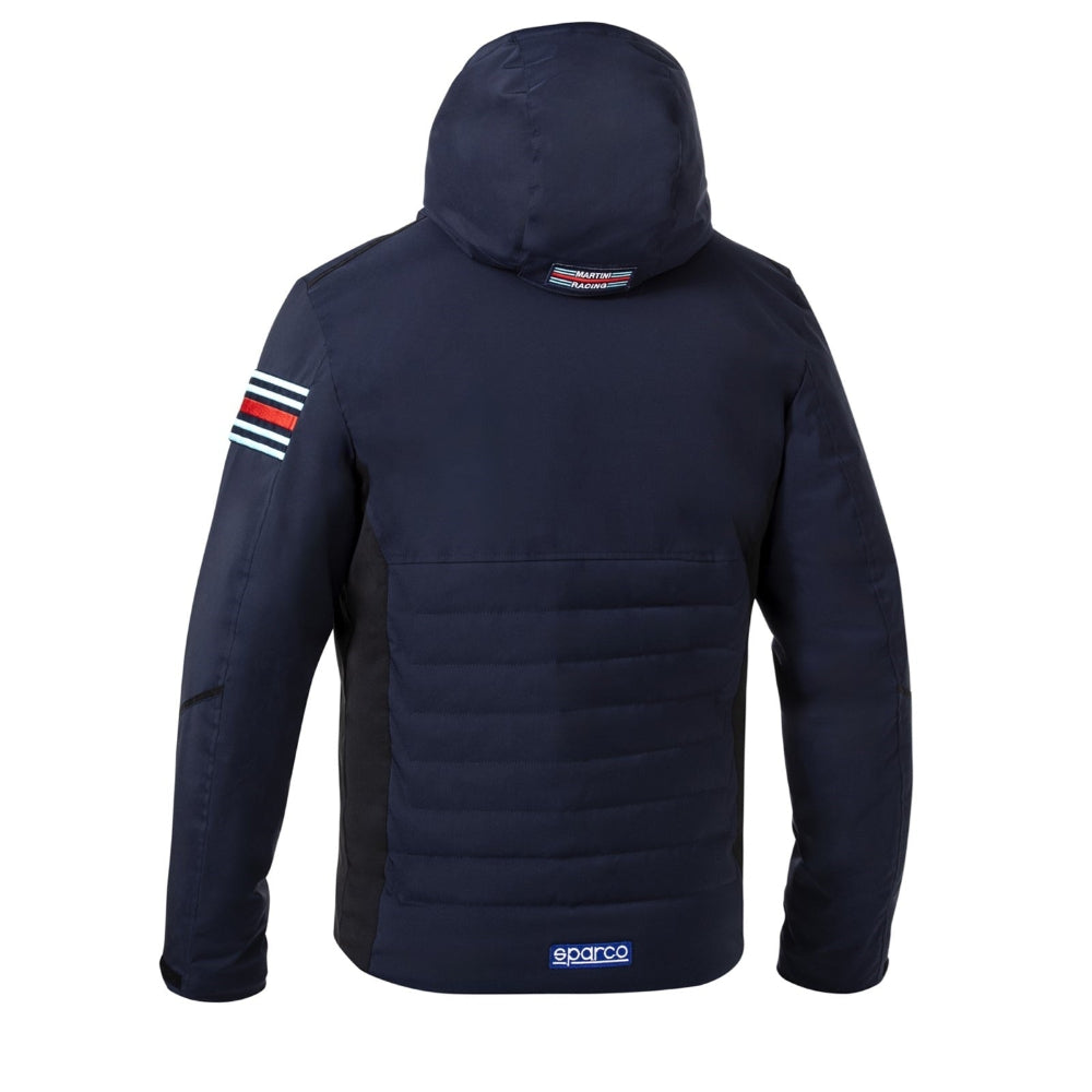 Sparco Martini Racing Winter Jacket navy version rear view with subtle branding on hood and lower back-image
