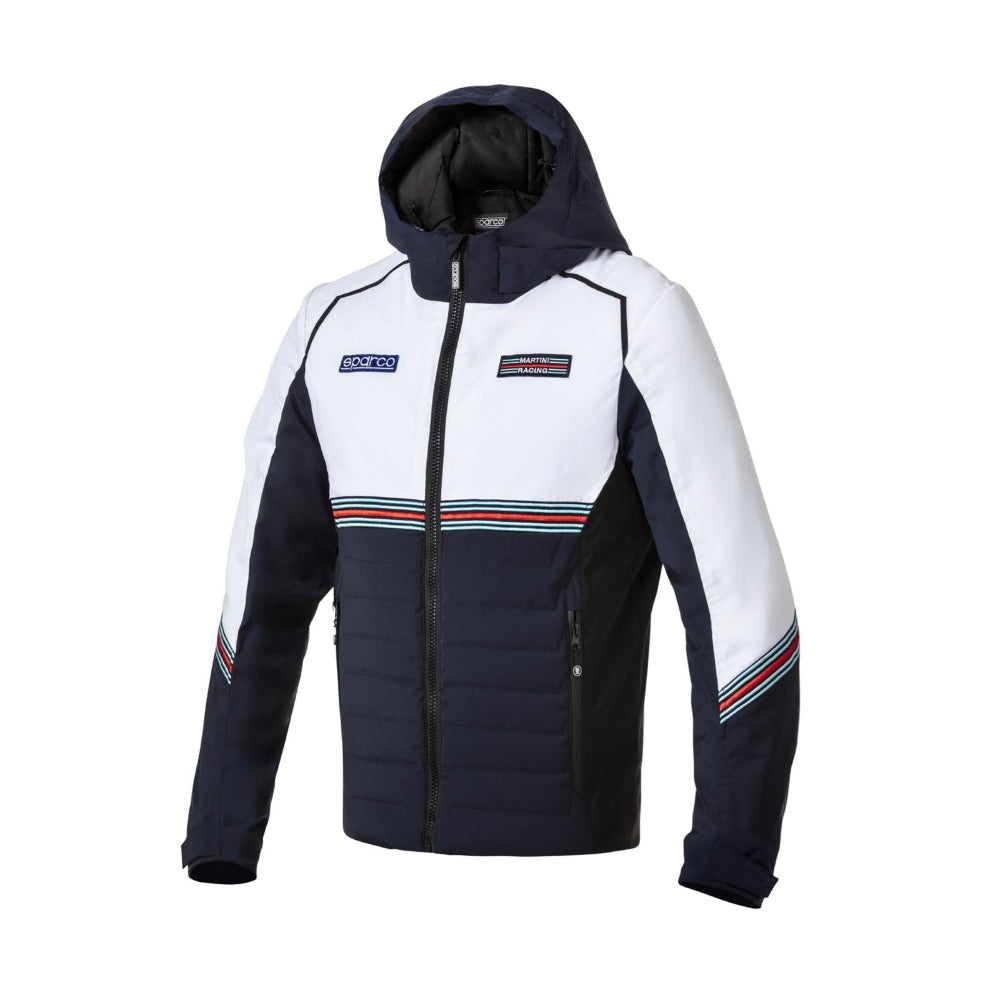 Sparco Martini Racing Winter Jacket white and navy front view with hood up-image