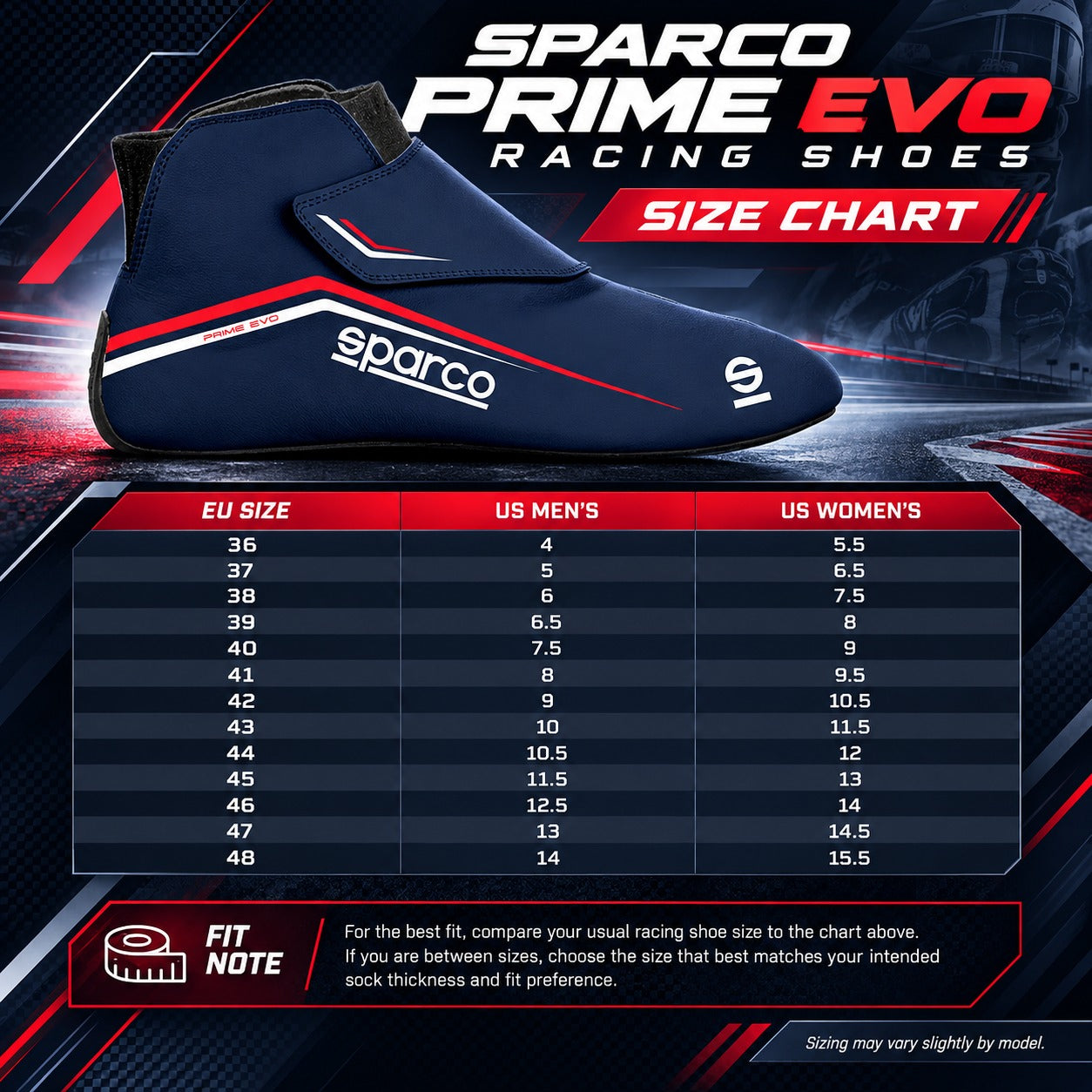 Sparco Prime Evo Racing Shoes sizing chart featuring navy blue and red racing shoes, EU sizes 36–48, US men's and women's shoe size conversions, and racing shoe fit guidance.