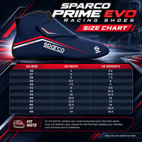 Thumbnail for Sparco Prime Evo Racing Shoes sizing chart featuring navy blue and red racing shoes, EU sizes 36–48, US men's and women's shoe size conversions, and racing shoe fit guidance.