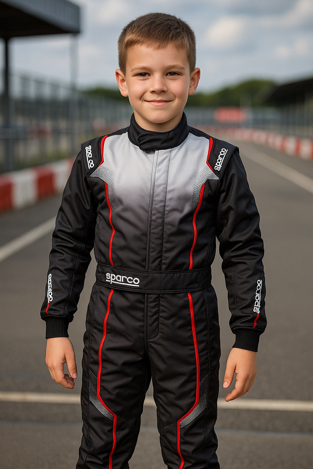 Sparco Prime-KS kart racing suit on kid front view at track - black gray red