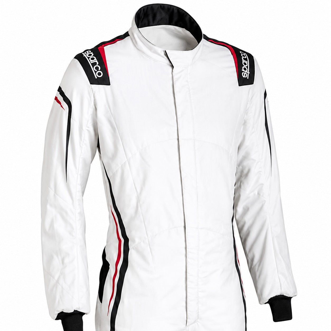 Sparco Prime LT racing suit upper torso in white with black shoulder patches and red side accents on a white background