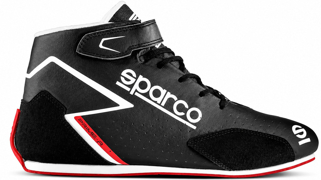 Sparco Prime-R racing shoe in black with white and red accents, shown in a right-facing side view on a white background.